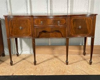 REPRODUCTION SIDEBOARD CABINET | beautiful veneered wood and line inlay, lions-head form pulls; 36 x 62 x 22 in., 