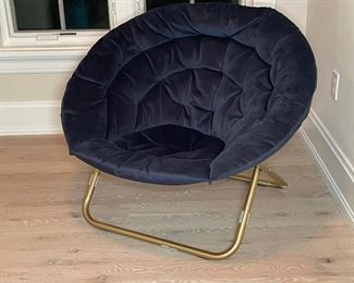 POTTERY BARN DISC CHAIR | C.J. Right Patenet "Disc Chair" dark blue velvet upholstery on a gold frame; h. 30 x 36 x 33 in.; excellent condition 