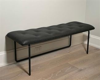 TUFTED LEATHER BENCH | minimalist design, tufted black distressed leather on a coated tubular frame; 17-1/2 x 47 x 16 in. 