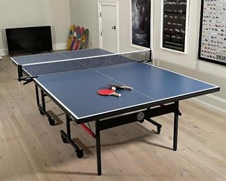 INCREDIBLE LIKE-NEW STIGA PING PONG TABLE | blue top collapsible table on casters; h. 29-3/4 x 108 x 60 in. 