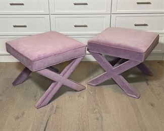 PAIR JONATHAN ADLER PURPLE VELVET STOOLS | each overall upholstered in pale purple velvet with x-shaped sides; h. 17 x 20 x 20 in. 