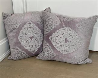 PAIR Z-GALLERIES EMBROIDERED THROW PILLOWS | breathtaking pale purple fabric with silver embroidered decoration; 20 x 20 
