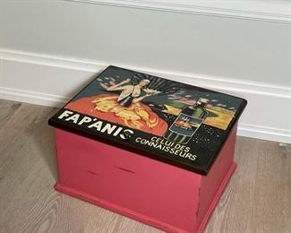 FRENCH STYLE HAND PAINTED STORAGE BOX | hand painted top with a flapper girl and "FAP'ANIS" bottle; h. 9-1/2 x 17 x 12 in. 