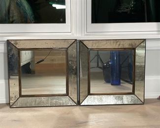 PAIR BEVELED GLASS SQUARE MIRRORS | metal frames with distressed 'antique' glass 
