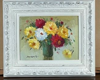 FLORAL STILL LIFE PAINTING | high impasto oil on canvas, in a white frame; 20 x 24 in. 