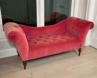 HORCHOW TUFTED VELVET SETTEE | great form with a low back, turned legs; h. 32 x 76 x 28 in. (some spotting on armrest) 