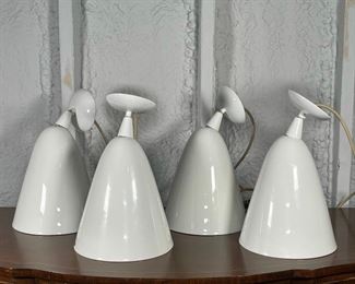 (4pc) "BTC" ENGLISH MADE PENDANT LAMPS | incredible quality, tapering simplistic milk-glass shades on painted metal frames, woven wires; h. 14 x 9-1/4 in. 