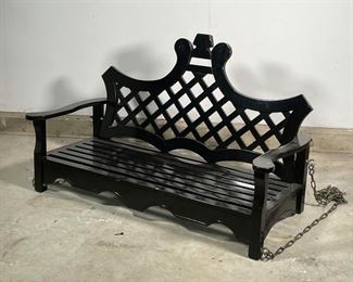 GRANDIN ROAD PORCH SWING | black painted openwork frame, great condition; h. 29 x 51 x 27 in. 