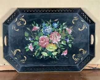 FLORAL PAINTED TOLE TRAY | with flowers and scrolls, signed; 26-1/2 in. 