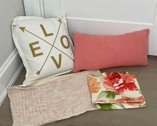 (4pc) THROW PILLOWS & SHAMS | including a "LOVE" pillow (18 x 18), plus a long salmon colored pillow with two shams 