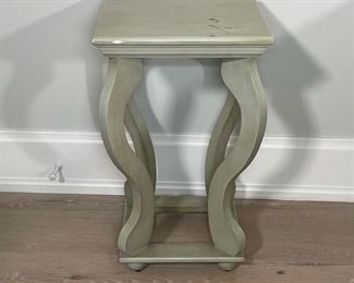 GREEN PAINTED SIDE TABLE | scroll leg joined by a box stretcher; h. 23 x 14 x 14 in. 