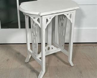WHITE PAINTED CARVED WOOD SIDE TABLE | H. 27 X 24 X 16 IN. 