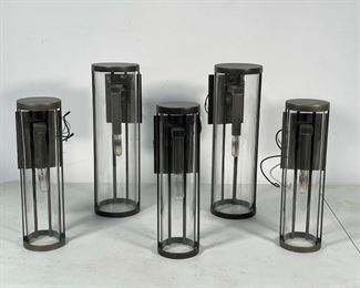 (5pc) URBAN ELECTRIC CONTEMPORARY FIXTURES | a pair large (14-1/4 x 4 x 6), and three smaller (12 x 4-1/2 x 3-1/2 in.), each with a single edison bulb in a glass cylinder; 