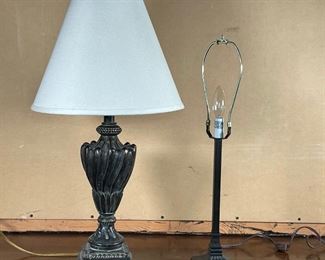 (3pc) LAMP GROUP | including a small lamp, an antiqued gadrooned lamp (h. 25 in., with break), plus a shade; 