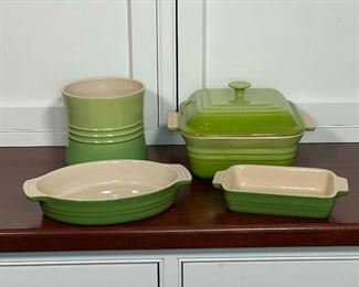 (4pc) Le CREUSET CERAMIC DISHES | including a bowl, two low dishes, and a covered dish (10 in.) 