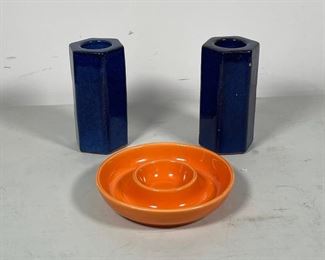 (3pc) CERAMIC | including two hexagonal candlesicks and a crate and barrel dish; 6-1/2 in. 