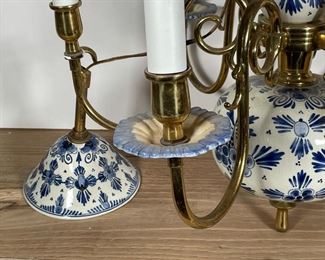 ANTIQUE BLUE & WHITE CHANDELIER | brass and blue and white painted ceramic, six lights, one bobeche broken but present (could be repaired/ glued); h. 19 x 24 in. 