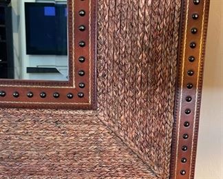 Huge Leather/Rope/Nailhead Framed Mirror 55x76x2.5in HxWxD