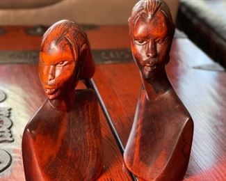 2pc Hand Carved Ladies Wood Figures 6x4x2.5in HxWxD