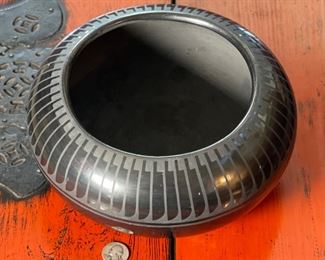 Blue Corn San Ildefonso Pueblo Pottery Feather Pattern Crucita Calabaza Native American Black on Black 5in H x 9.75in Diameter