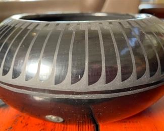 Blue Corn San Ildefonso Pueblo Pottery Feather Pattern Crucita Calabaza Native American Black on Black 5in H x 9.75in Diameter