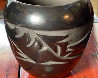 Flora Naranjo Santa Clara Pottery Blackware Carve Pot 6in H x 4.75in diameter at opening