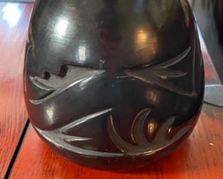 Flora Naranjo Santa Clara Pottery Blackware Carve Pot 6in H x 4.75in diameter at opening