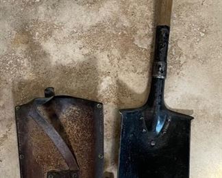 WWII Swiss Military Entrenching Shovel Tools with Leather Cover 22x7x2in HxWxD