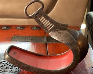 1pc Antique Japanese Stirrup Abumi Cast Iron Brass inlay Samurai Armor 11x5.5x12in HxWxD