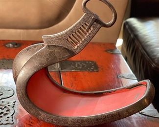 1pc Antique Japanese Stirrup Abumi Cast Iron Brass inlay Samurai Armor 11x5.5x12in HxWxD