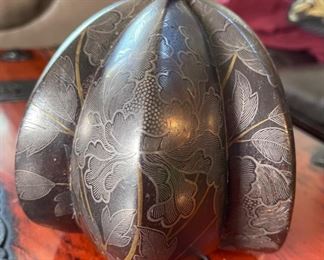 1pc Antique Japanese Stirrup Abumi Cast Iron Brass inlay Samurai Armor 11x5.5x12in HxWxD