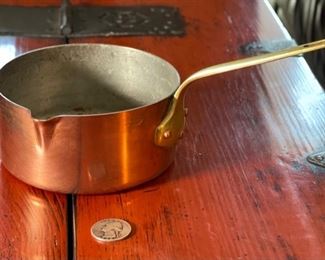 Vintage Copper Tinned 5in Saucepan Made in France Pot 2.5in H x 5 1/8” x 9in<BR>Diameter: 4.75