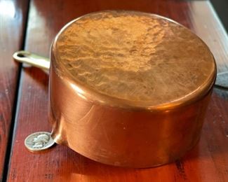 Vintage Copper Tinned 5in Saucepan Made in France Pot 2.5in H x 5 1/8” x 9in<BR>Diameter: 4.75