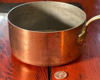 Vintage Copper Tinned 6.5in Saucepan Made in France Pot 3.25x6.5x12.5in<BR>Dia: 6.5in