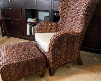 Pottery Barn Seagrass Wingback Chair w/ Ottoman Rattan Havana Dark 42x30x26in<BR>Ottoman: 13.5x22x22in HxWxD