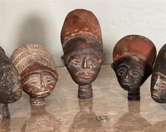5pc Primitive Carved Wood Heads largest: 7x3.5x3in HxWxD
