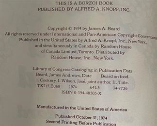 *Signed* James Beard Beard on Food 2nd Edition Book 9.5x6.5in