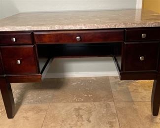 Dark Hardwood Travertine Tile Top Desk 31x52x28.5in HxWxD