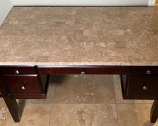 Dark Hardwood Travertine Tile Top Desk 31x52x28.5in HxWxD