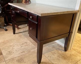Dark Hardwood Travertine Tile Top Desk 31x52x28.5in HxWxD