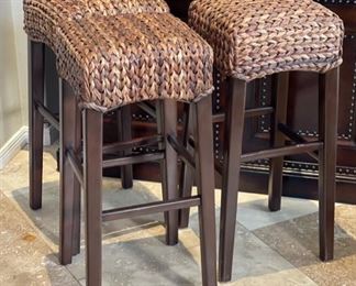 3pc Pottery Barn Seagrass Backless Counter Height Stools Chairs Havana Dark 31x14x14in HxWxD