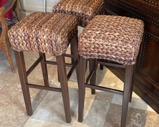 3pc Pottery Barn Seagrass Backless Counter Height Stools Chairs Havana Dark 31x14x14in HxWxD