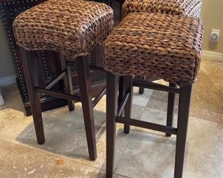 3pc Pottery Barn Seagrass Backless Counter Height Stools Chairs Havana Dark 31x14x14in HxWxD