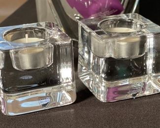 Orrefors Sweden Crystal Ice Cube Candle Holders PAIR Votive Goran Warff 2.5x2.75x2.75in HxWxD