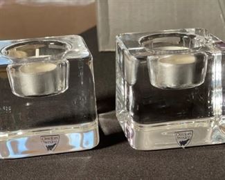 Orrefors Sweden Crystal Ice Cube Candle Holders PAIR Votive Goran Warff 2.5x2.75x2.75in HxWxD