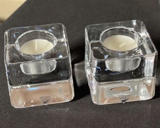 Orrefors Sweden Crystal Ice Cube Candle Holders PAIR Votive Goran Warff 2.5x2.75x2.75in HxWxD