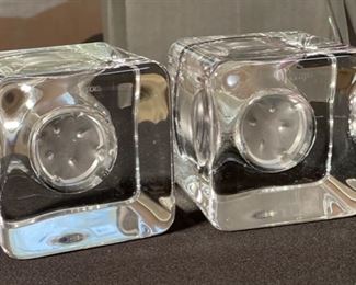 Orrefors Sweden Crystal Ice Cube Candle Holders PAIR Votive Goran Warff 2.5x2.75x2.75in HxWxD