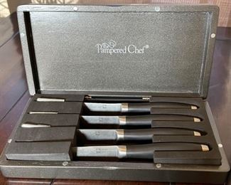 7pc Pampered Chef German Cr Mo V Steel Steak Knives Knife: 9in long
