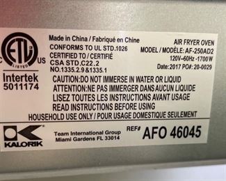 Kalorik AF-250AD2 Air Fryer 14x16x14in HxWxD