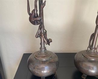Vintage Maitland Smith Bronze Monkey Lamps pair 7.5in x 34.25in. Tall